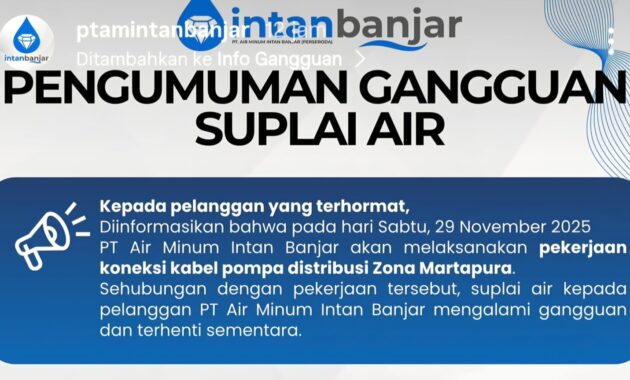 KONEKSI KABEL POMPA, LAYANAN AIR PTAM INTAN BANJAR TERGANGGU SABTU SIANG